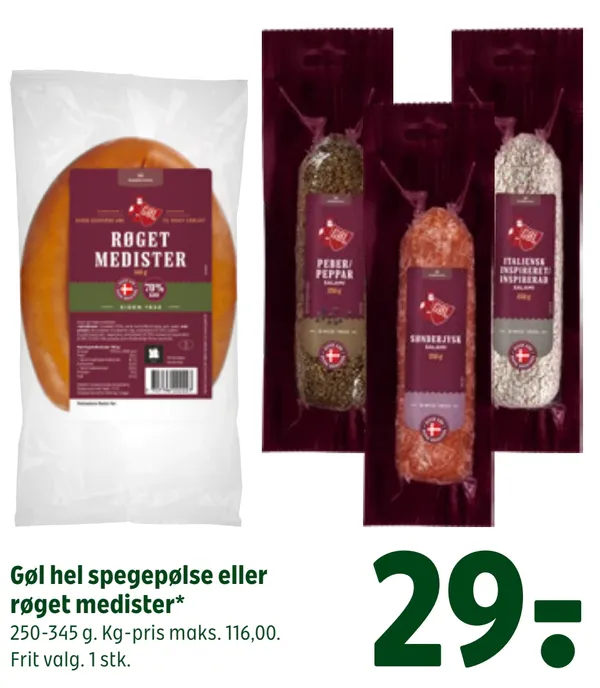 Gøl hel spegepølse eller røget medister*